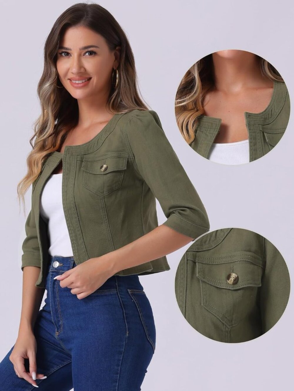 〽️Women’s Army Green Denim Cardigan | Short Cropped Jean Jacket with 3/4 Sleeves - Picture 4 of 5
